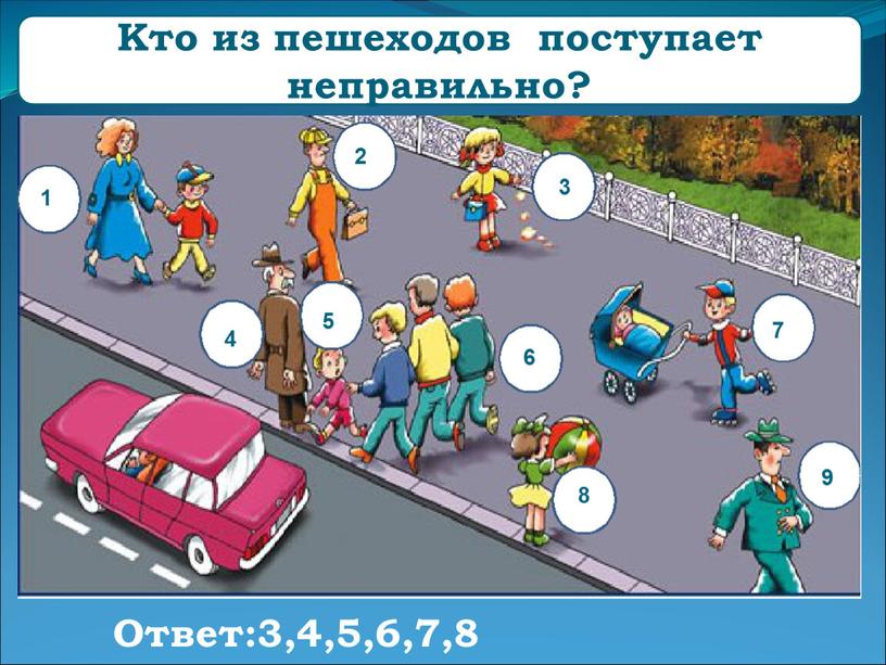 Кто из пешеходов поступает неправильно? 1 2 3 4 5 6 7 8 9