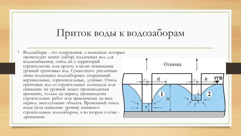 Приток воды к водозаборам Водозаборы - это сооружения, с помощью которых происходит захват (забор) подземных вод для водоснабжения, отвод их с территорий строительства или просто…