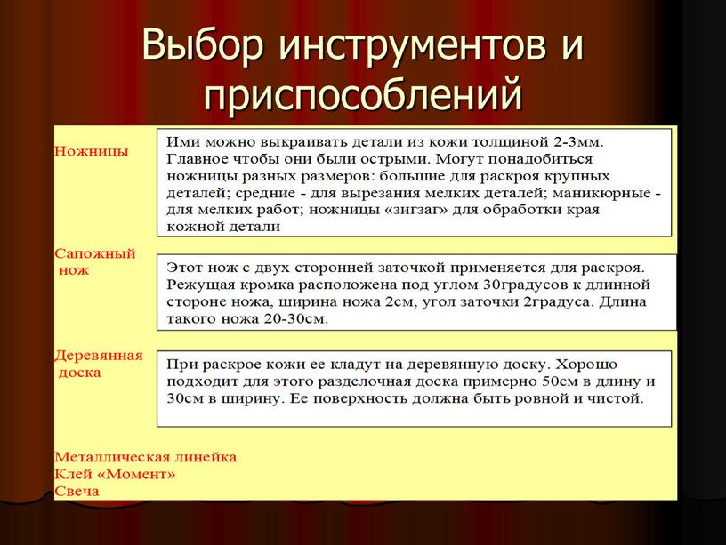 Выбор инструментов и приспособлений