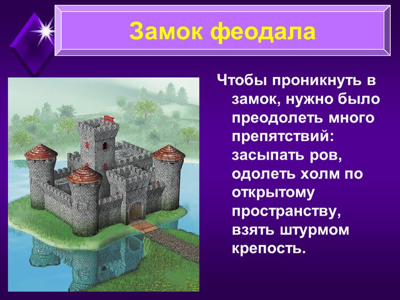 Чтобы проникнуть в замок, нужно было преодолеть много препятствий: засыпать ров, одолеть холм по открытому пространству, взять штурмом крепость