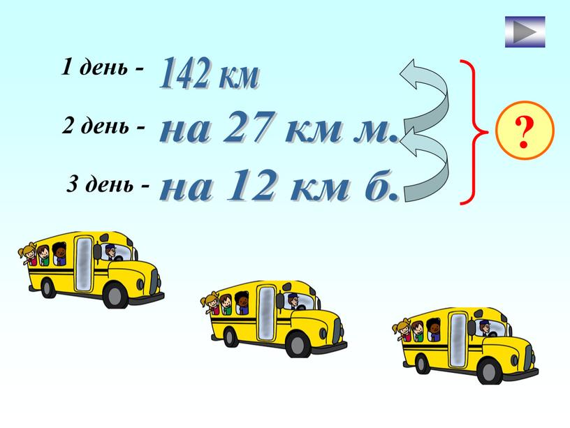 1 день - 2 день - 3 день - 142 км на 27 км м. на 12 км б. ?