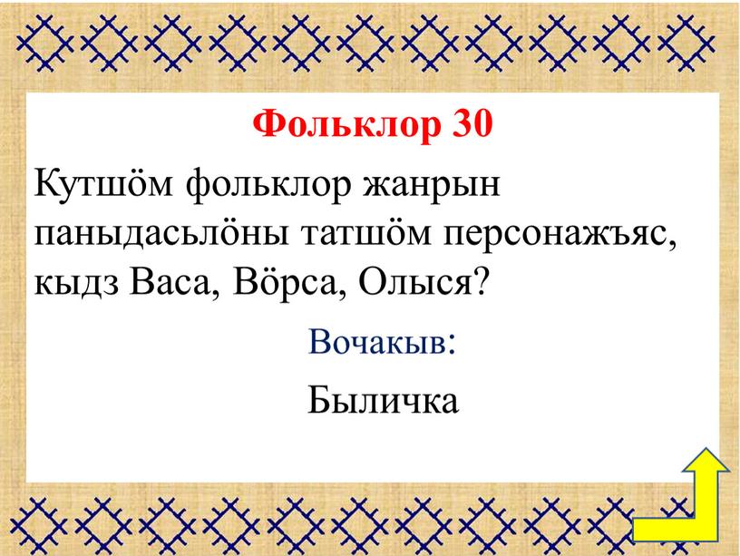 Фольклор 30 Кутшӧм фольклор жанрын паныдасьлӧны татшӧм персонажъяс, кыдз