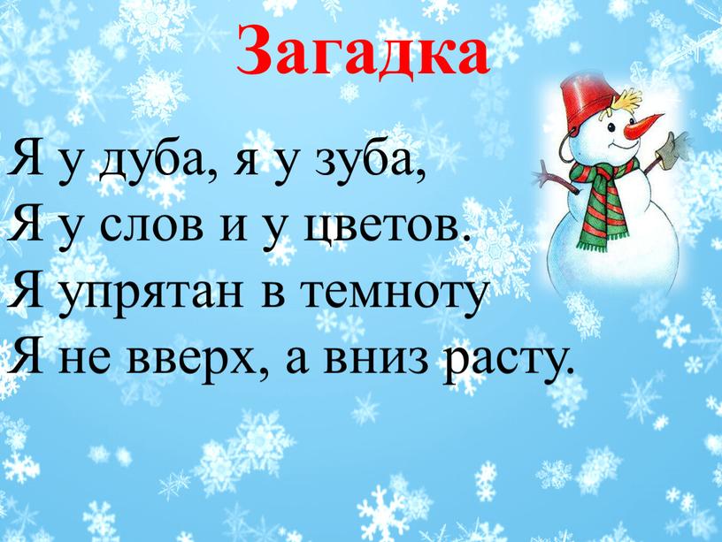 Загадка Я у дуба, я у зуба, Я у слов и у цветов