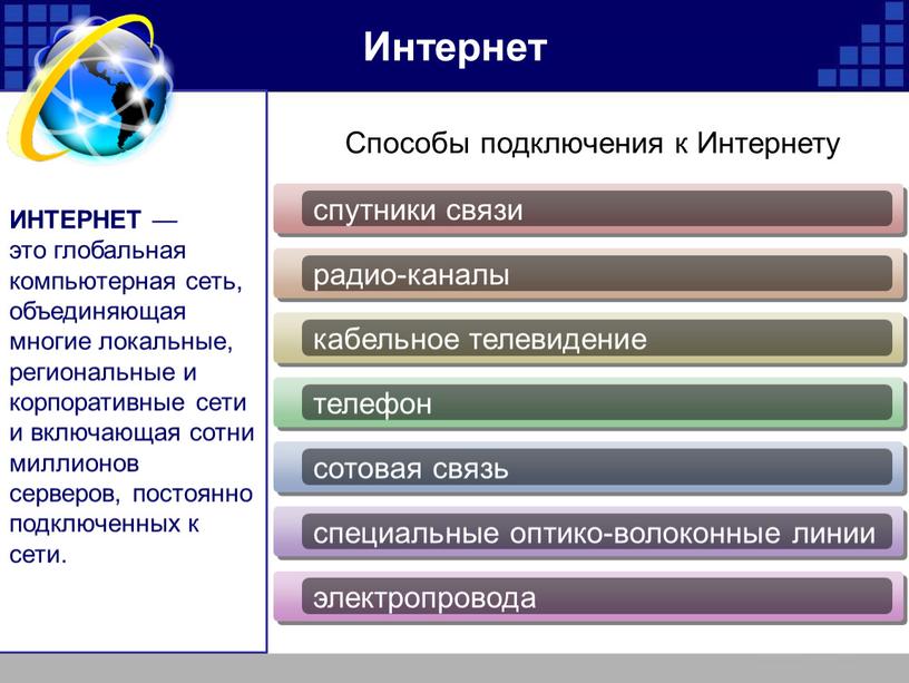 Интернет ИНТЕРНЕТ — это глобальная компьютерная сеть, объединяющая многие локальные, региональные и корпоративные сети и включающая сотни миллионов серверов, постоянно подключенных к сети