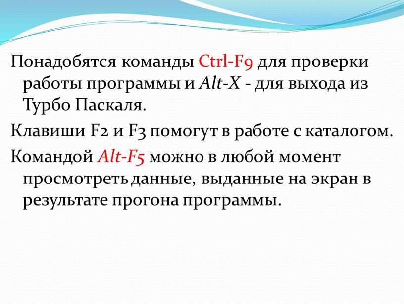 Понадобятся команды Ctrl-F9 для проверки работы программы и