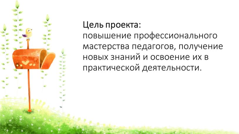 Цель проекта: повышение профессионального мастерства педагогов, получение новых знаний и освоение их в практической деятельности