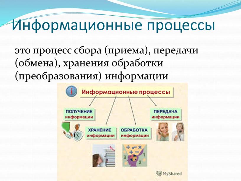 Информационные процессы это процесс сбора (приема), передачи (обмена), хранения обработки (преобразования) информации