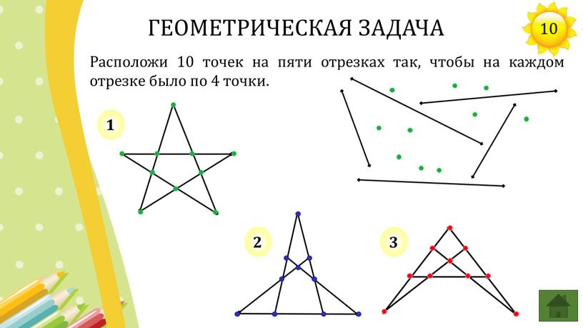 Расположи 10 точек на пяти отрезках так, чтобы на каждом отрезке было по 4 точки