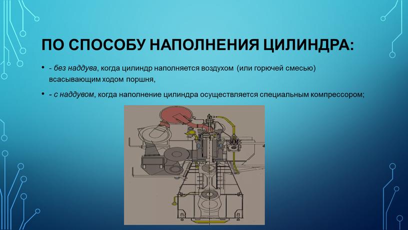 по способу наполнения цилиндра: - без наддува , когда цилиндр наполняется воздухом (или горючей смесью) всасывающим ходом поршня, - с наддувом , когда наполнение цилиндра…