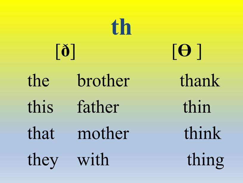 th [ ð ] [ ϴ ] the brother thank this father thin that mother think they with thing