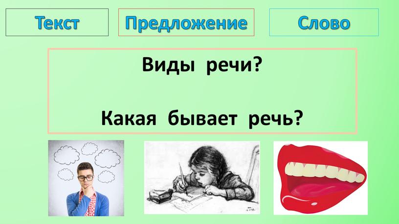 Текст Предложение Слово Виды речи?