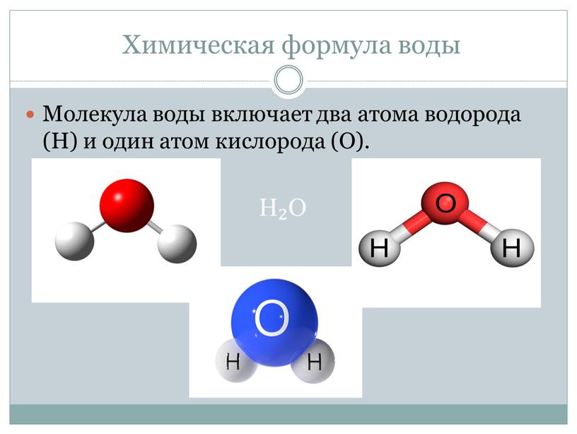 Химическая формула воды Молекула воды включает два атома водорода (Н) и один атом кислорода (О)