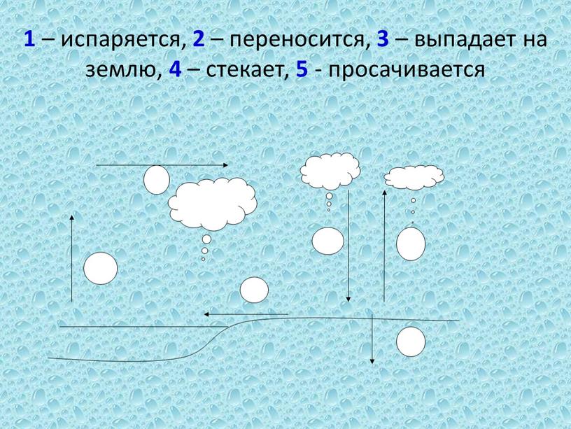 1 – испаряется, 2 – переносится, 3 – выпадает на землю, 4 – стекает, 5 - просачивается