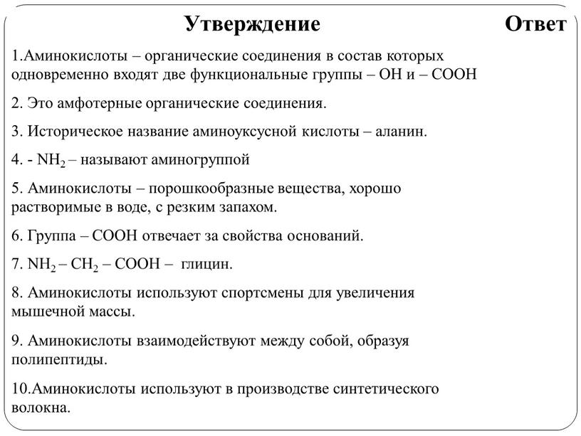 Утверждение Ответ 1.Аминокислоты – органические соединения в состав которых одновременно входят две функциональные группы –