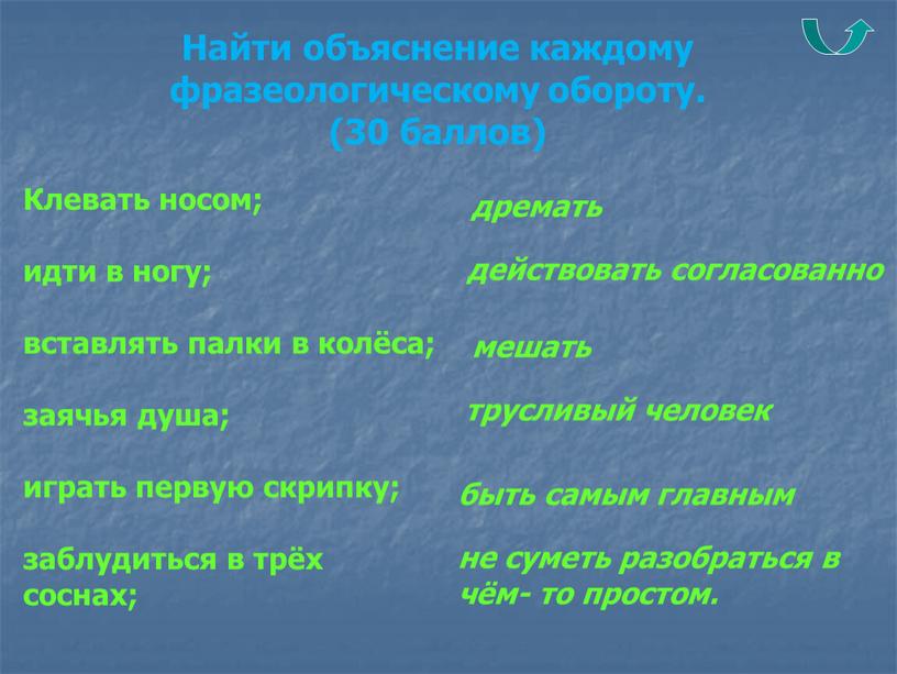 Найти объяснение каждому фразеологическому обороту