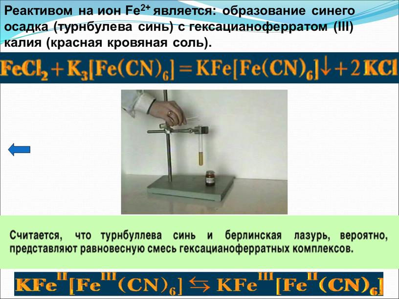 Реактивом на ион Fe2+ является: образование синего осадка (турнбулева синь) с гексацианоферратом (III) калия (красная кровяная соль)