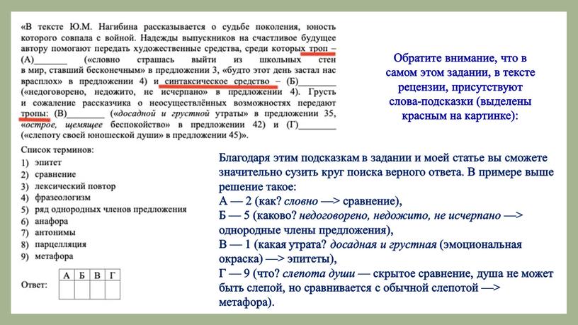 Обратите внимание, что в самом этом задании, в тексте рецензии, присутствуют слова-подсказки (выделены красным на картинке):