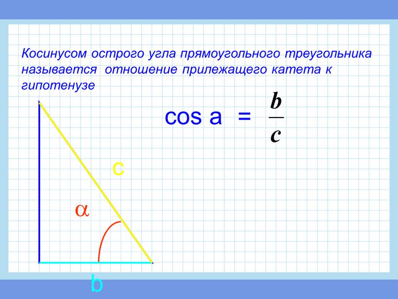 Косинусом острого угла прямоугольного треугольника называется отношение прилежащего катета к гипотенузе  cos a = b c