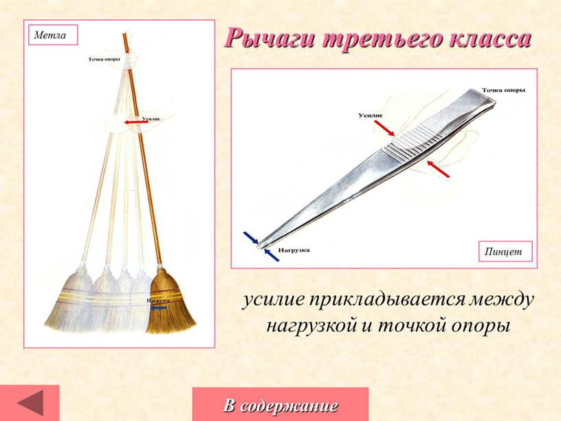 Рычаги третьего класса усилие прикладывается между нагрузкой и точкой опоры