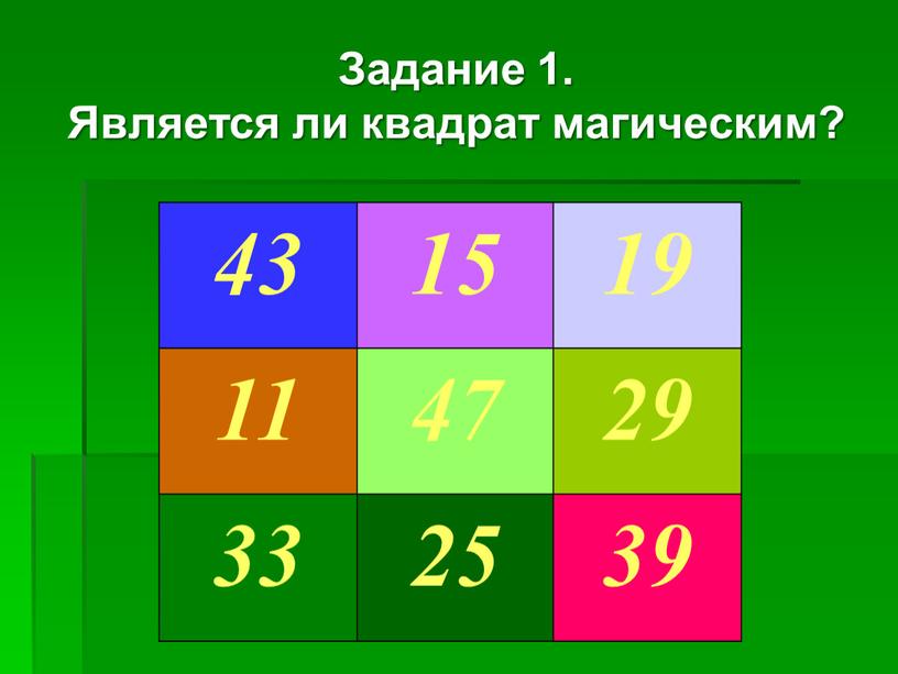 Задание 1. Является ли квадрат магическим? 43 15 19 11 47 29 33 25 39