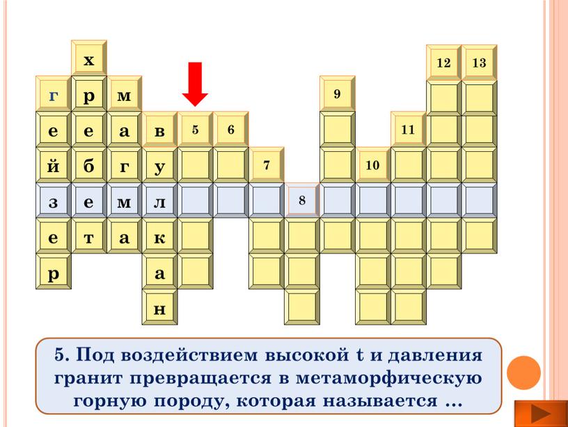 Под воздействием высокой t и давления гранит превращается в метаморфическую горную породу, которая называется …