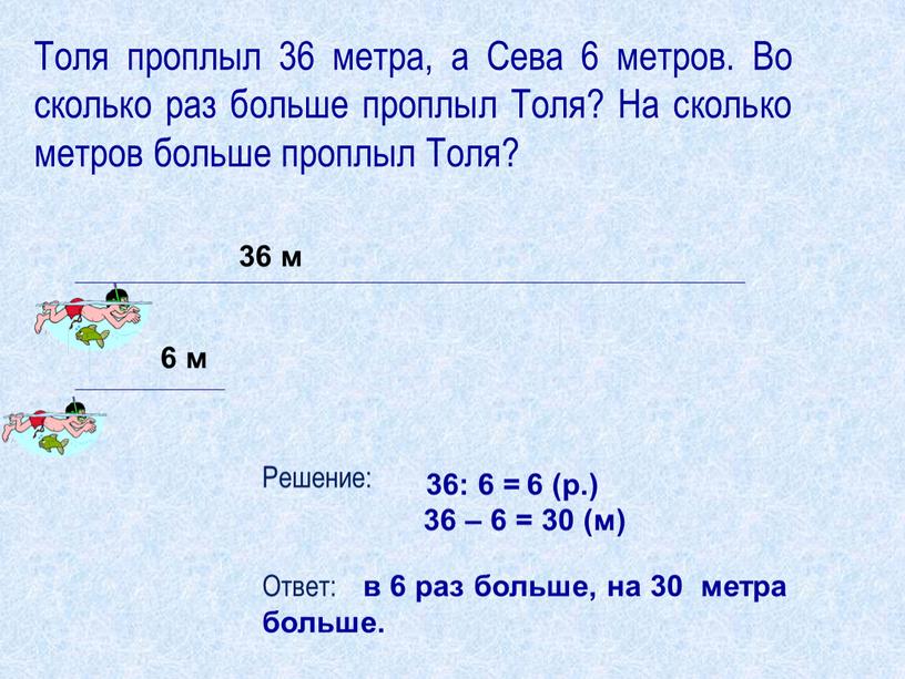 Толя проплыл 36 метра, а Сева 6 метров