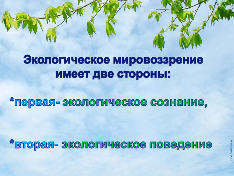 Экологическое мировоззрение имеет две стороны: *первая- экологическое сознание, *вторая- экологическое поведение