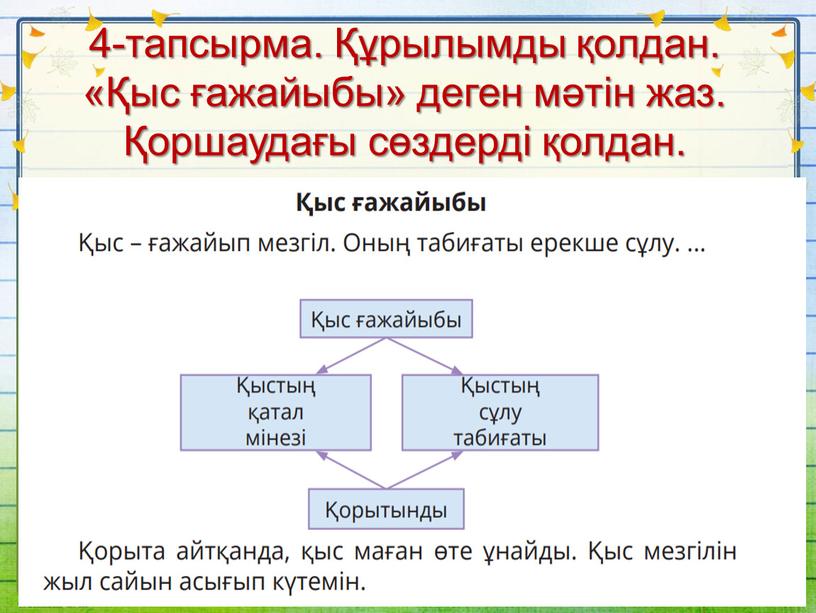 4-тапсырма. Құрылымды қолдан. «Қыс ғажайыбы» деген мәтін жаз. Қоршаудағы сөздерді қолдан.