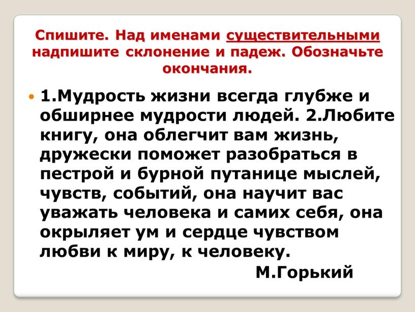 Спишите. Над именами существительными надпишите склонение и падеж