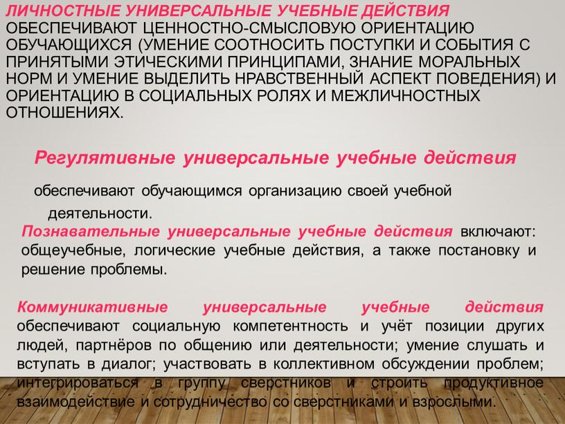 Личностные универсальные учебные действия обеспечивают ценностно-смысловую ориентацию обучающихся (умение соотносить поступки и события с принятыми этическими принципами, знание моральных норм и умение выделить нравственный аспект…