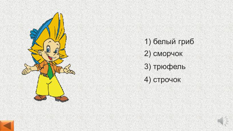 4) строчок 1) белый гриб 2) сморчок 3) трюфель