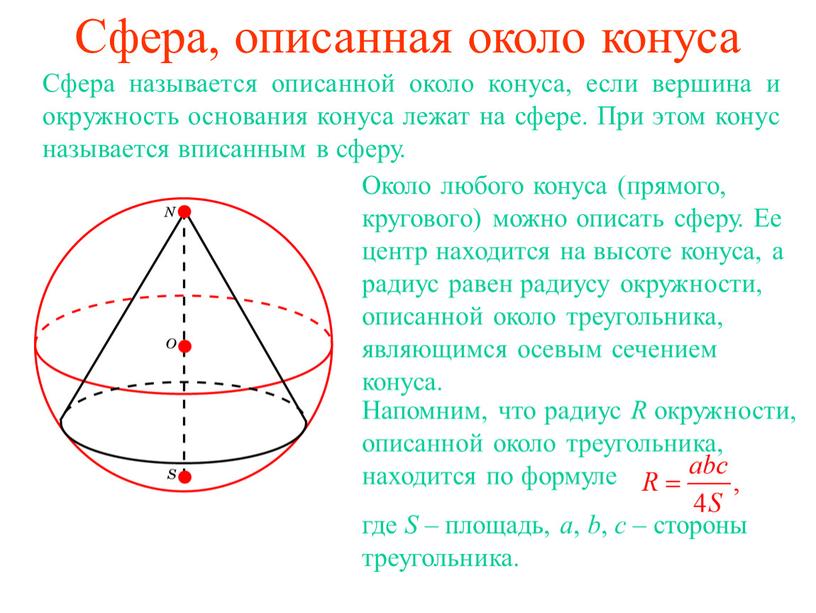 Сфера, описанная около конуса Сфера называется описанной около конуса, если вершина и окружность основания конуса лежат на сфере