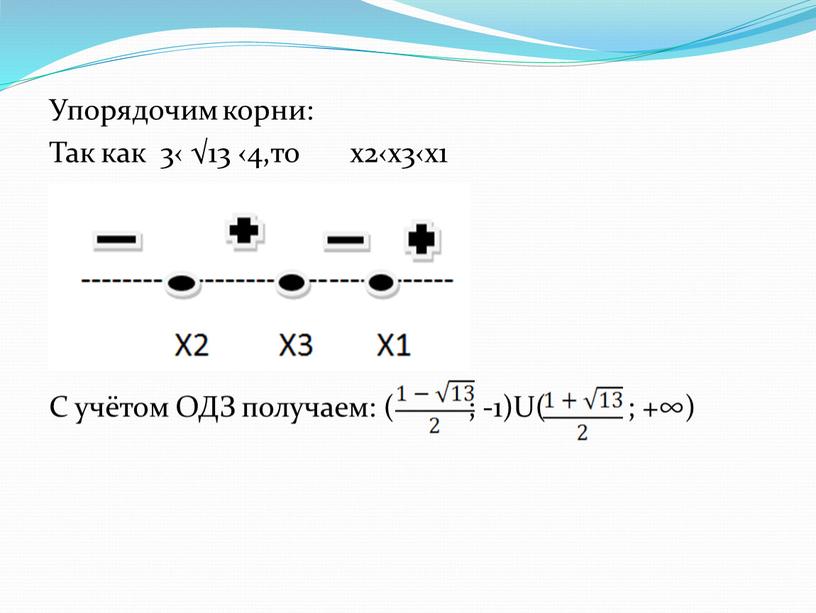 Упорядочим корни: Так как 3‹ √­­­13 ‹4,то x2‹x3‹x1