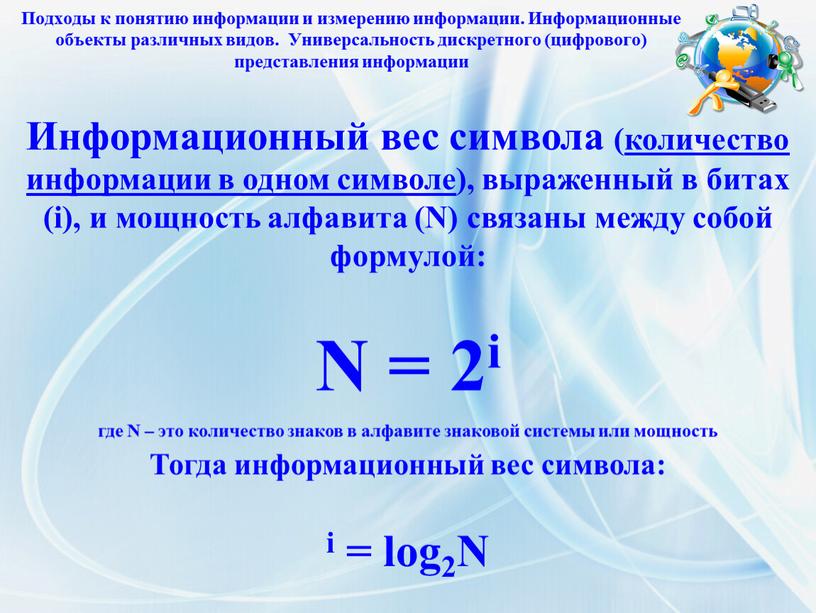 Информационный вес символа (количество информации в одном символе), выраженный в битах (i), и мощность алфавита (N) связаны между собой формулой: