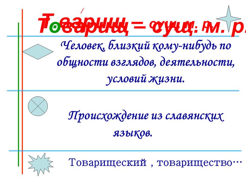 Т.варищ – сущ. м. р. Человек, близкий кому-нибудь по общности взглядов, деятельности, условий жизни