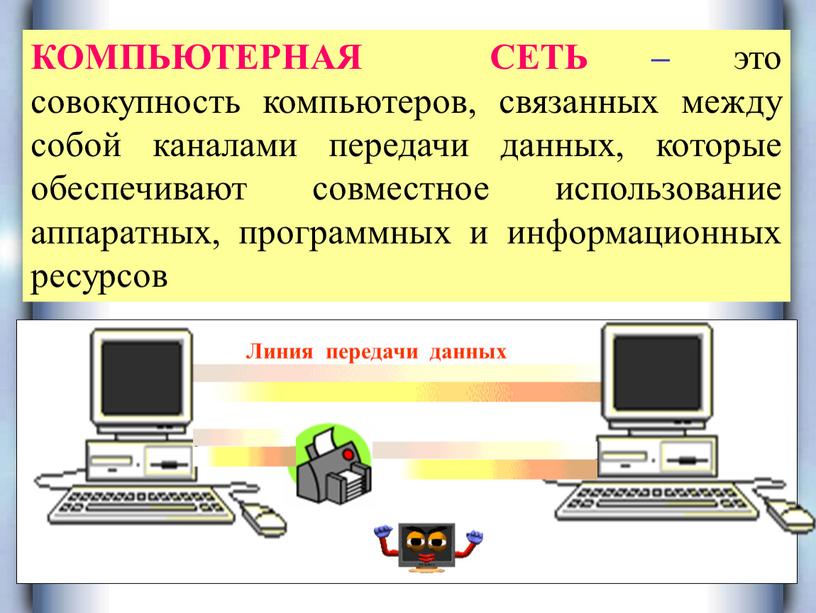 КОМПЬЮТЕРНАЯ СЕТЬ – это совокупность компьютеров, связанных между собой каналами передачи данных, которые обеспечивают совместное использование аппаратных, программных и информационных ресурсов