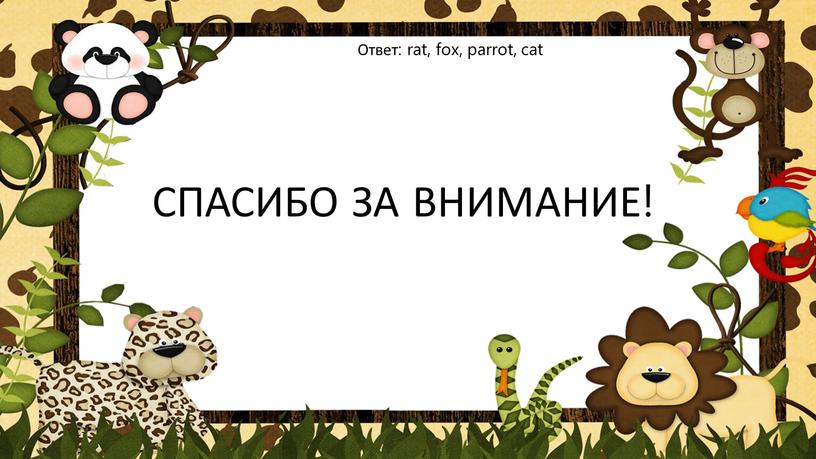 СПАСИБО ЗА ВНИМАНИЕ! Ответ: rat, fox, parrot, cat