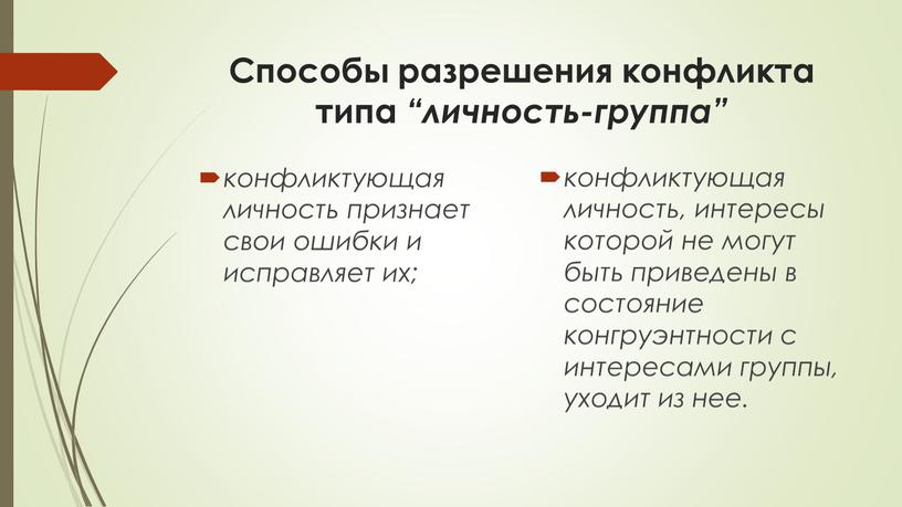 Способы разрешения конфликта типа “личность-группа” конфликтующая личность признает свои ошибки и исправляет их; конфликтующая личность, интересы которой не могут быть приведены в состояние конгруэнтности с…