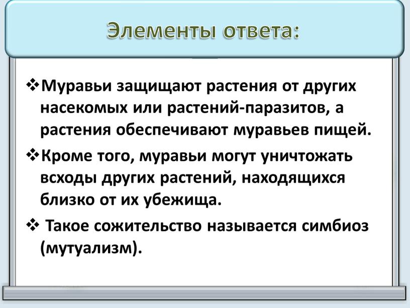 Элементы ответа: Муравьи защищают растения от других насекомых или растений-паразитов, а растения обес­печивают муравьев пищей