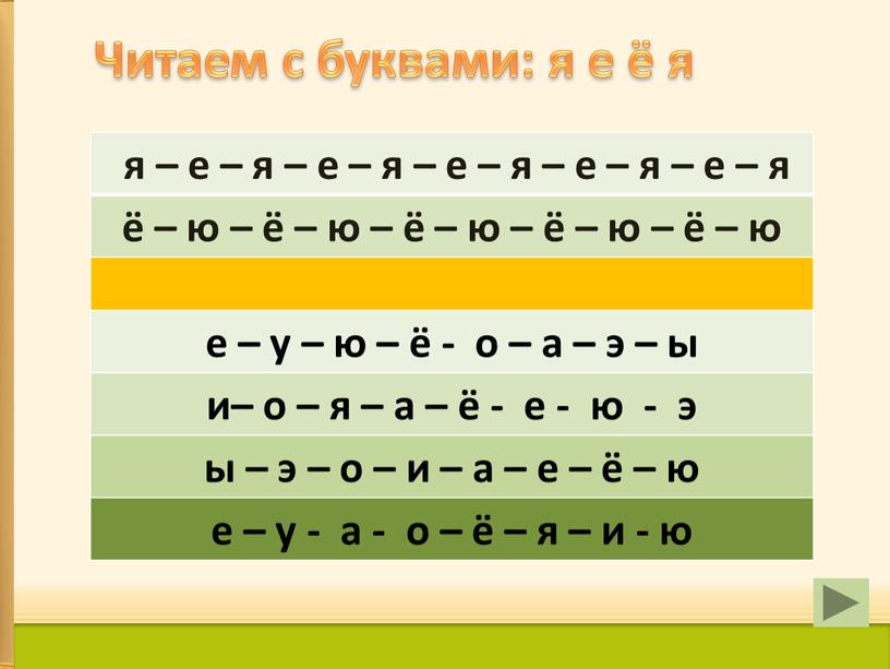 Читаем с буквами: я е ё я я – е – я – е – я – е – я – е – я –…