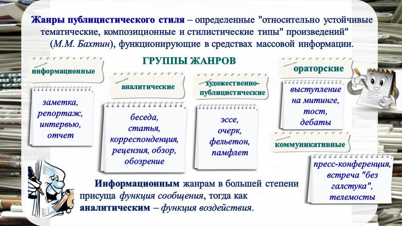 Жанры публицистического стиля – определенные "относительно устойчивые тематические, композиционные и стилистические типы" произведений" (