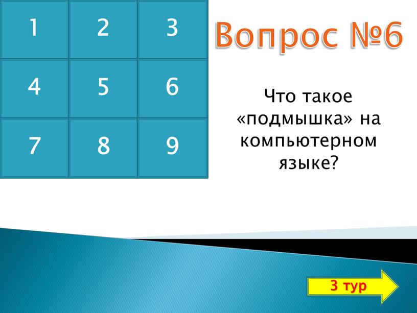 Вопрос №6 Что такое «подмышка» на компьютерном языке? 1 2 3 4 5 6 7 8 9 3 тур