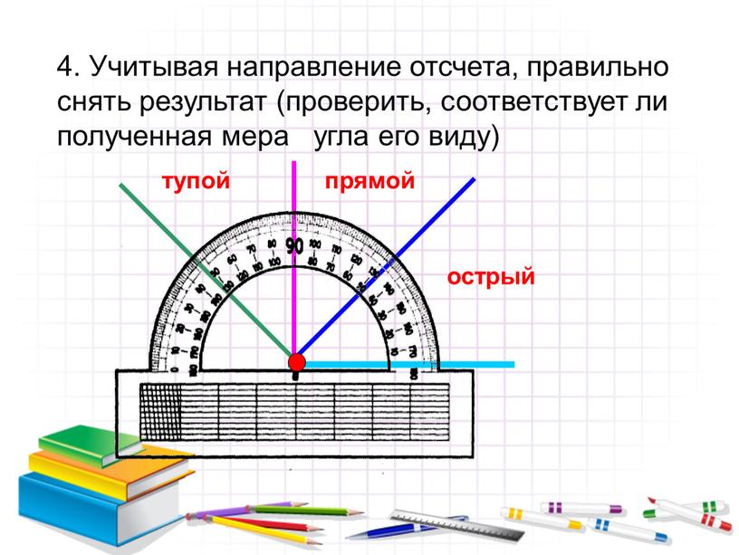 Учитывая направление отсчета, правильно снять результат (проверить, соответствует ли полученная мера угла его виду)