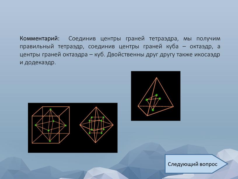 Комментарий: Соединив центры граней тетраэдра, мы получим правильный тетраэдр, соединив центры граней куба – октаэдр, а центры граней октаэдра – куб