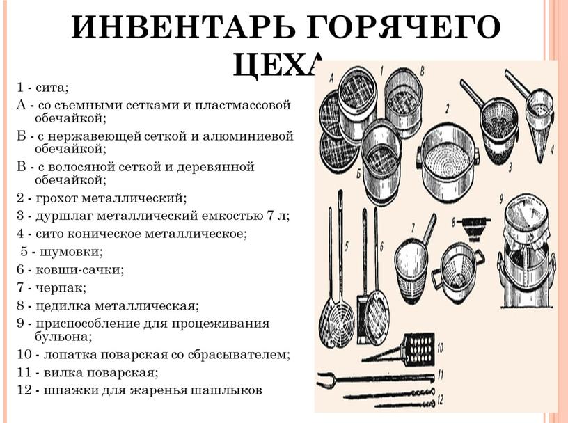 ИНВЕНТАРЬ ГОРЯЧЕГО ЦЕХА: 1 - сита;