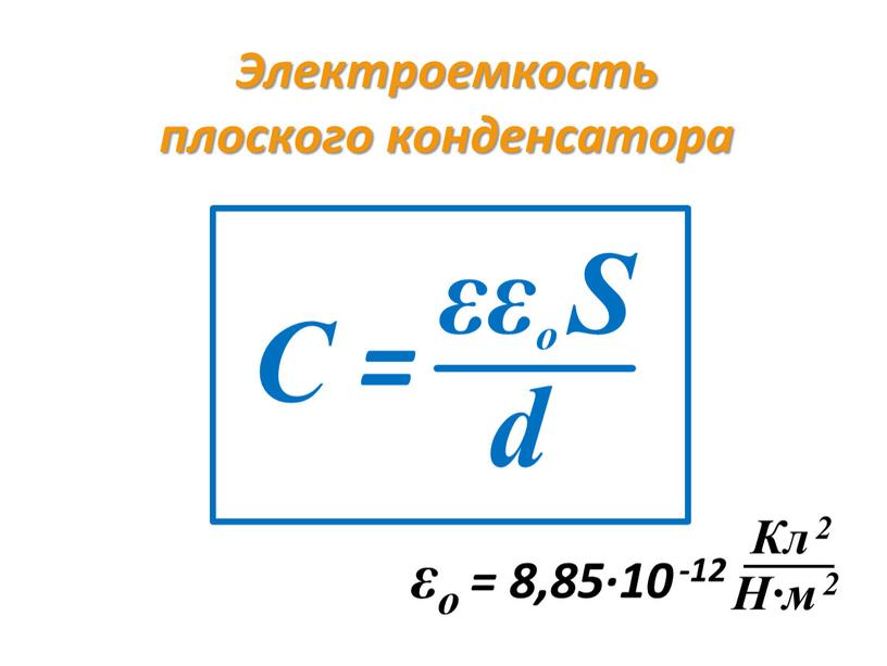 Кл 2 Н∙м 2 С = εεо S d εо = 8,85∙10 -12
