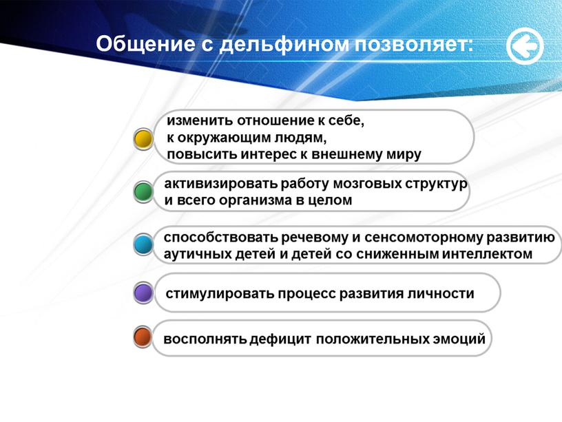 Общение с дельфином позволяет: восполнять дефицит положительных эмоций стимулировать процесс развития личности способствовать речевому и сенсомоторному развитию аутичных детей и детей со сниженным интеллектом активизировать…