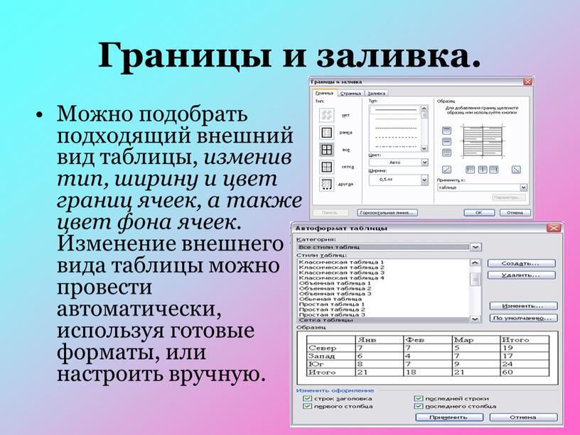 Границы и заливка. Можно подобрать подходящий внешний вид таблицы, изменив тип, ширину и цвет границ ячеек, а также цвет фона ячеек