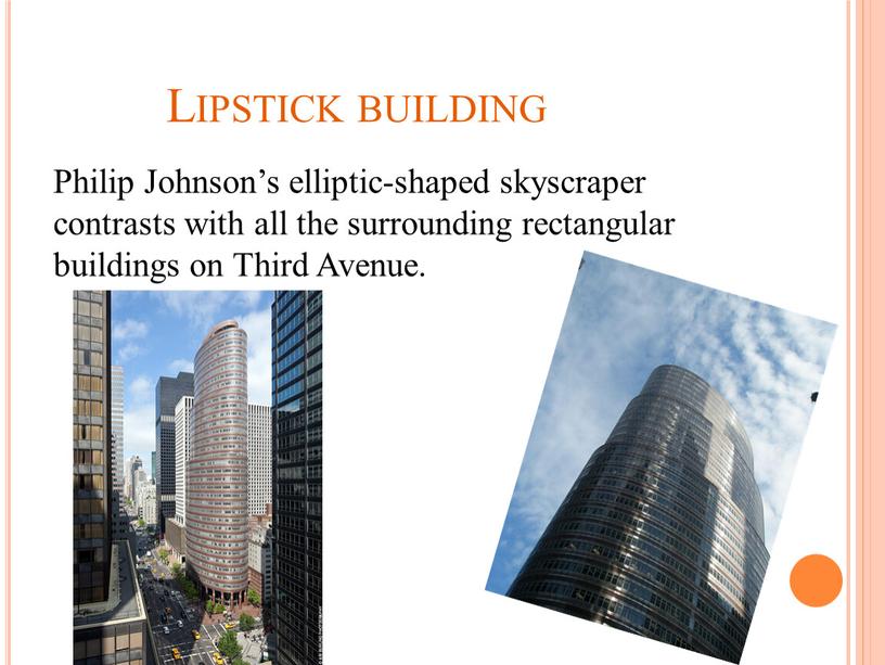 Lipstick building Philip Johnson’s elliptic-shaped skyscraper contrasts with all the surrounding rectangular buildings on