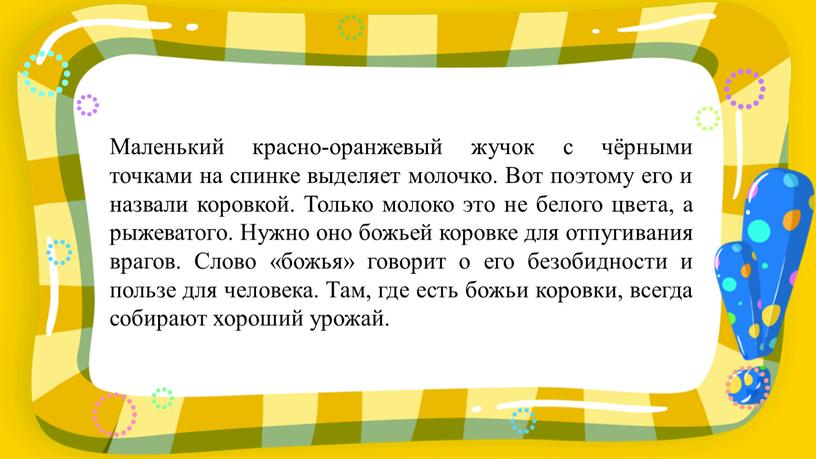 Маленький красно-оранжевый жучок с чёрными точками на спинке выделяет молочко